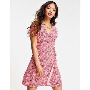 Red Floral Print Wrap Dress V Neck Short Sleeve Mini Summer Fall Casual‎ sz Med